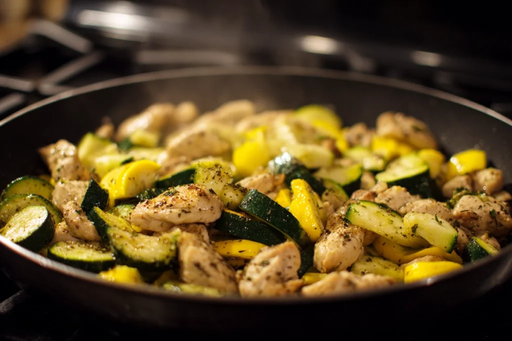 Zucchini and squash cooking with chicken in skillet