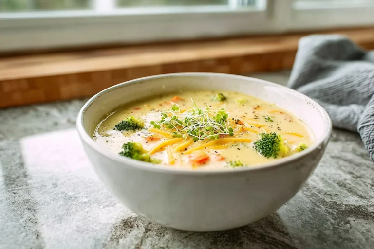 Photorealistic bowl of Copycat Panera Broccoli Cheddar Soup in modern kitchen