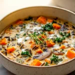 Cozy Autumn Wild Rice Soup served in a modern bowl with fresh herbs
