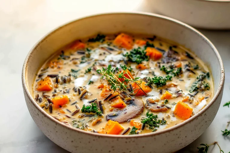 Cozy Autumn Wild Rice Soup served in a modern bowl with fresh herbs