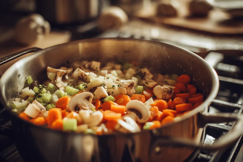 Sautéing fresh vegetables for Cozy Autumn Wild Rice Soup in a modern pot