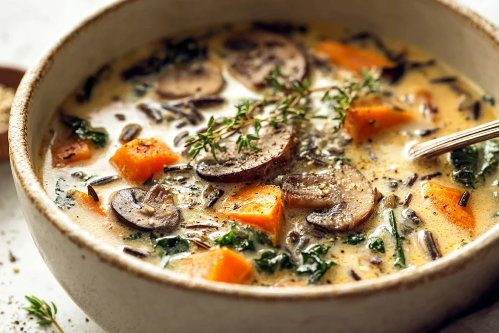 Close-up of Cozy Autumn Wild Rice Soup in a modern bowl ready to serve