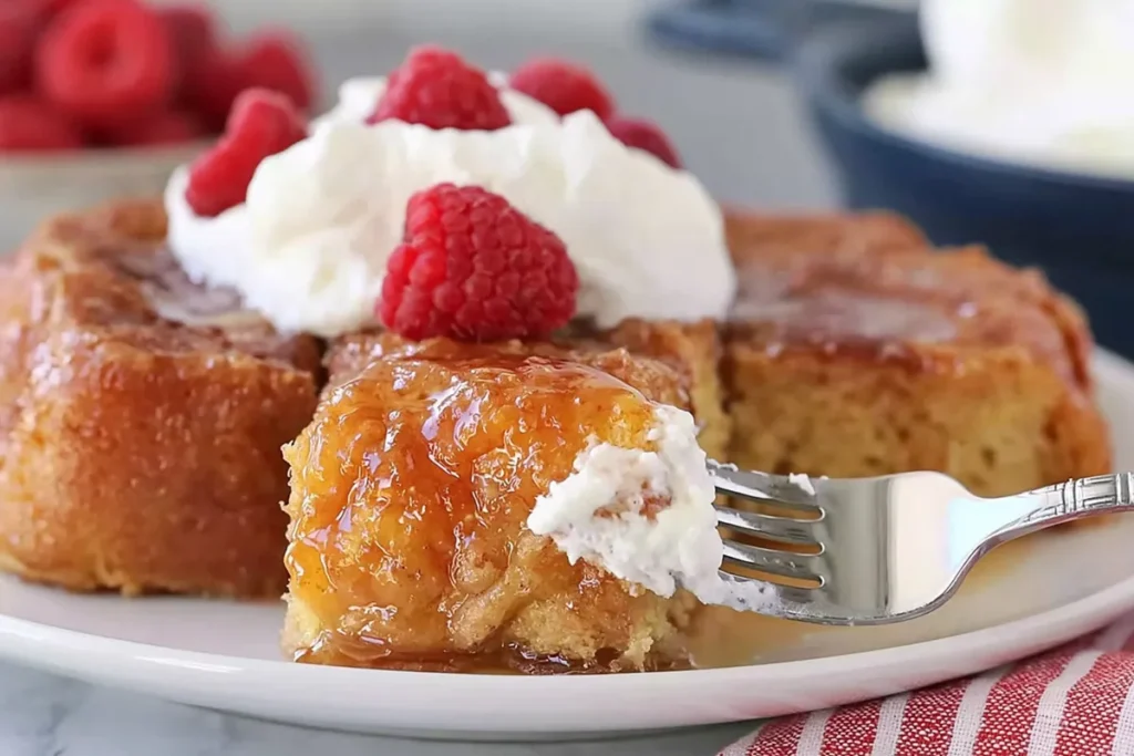 Cozy plate of Overnight Crème Brûlée French Toast with whipped cream and raspberries