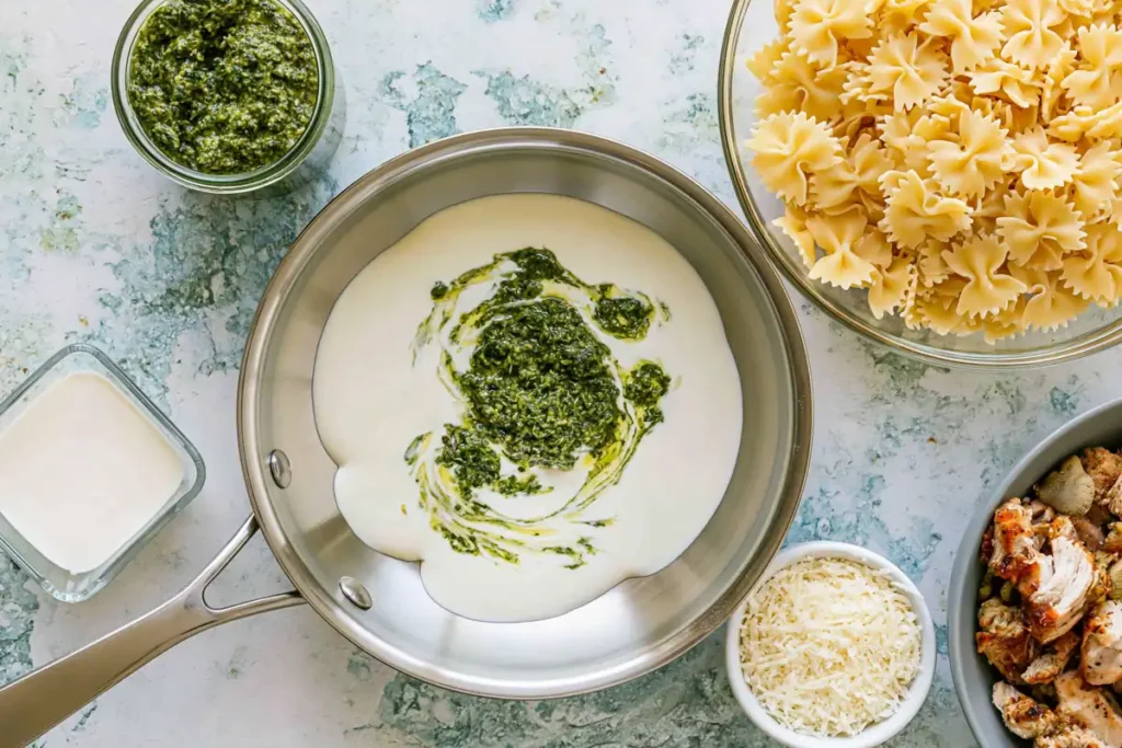 Chicken Pesto Pasta with a Creamy 30-Minute Sauce 6 Heavy cream and basil pesto beginning to form the sauce for Chicken Pesto Pasta
