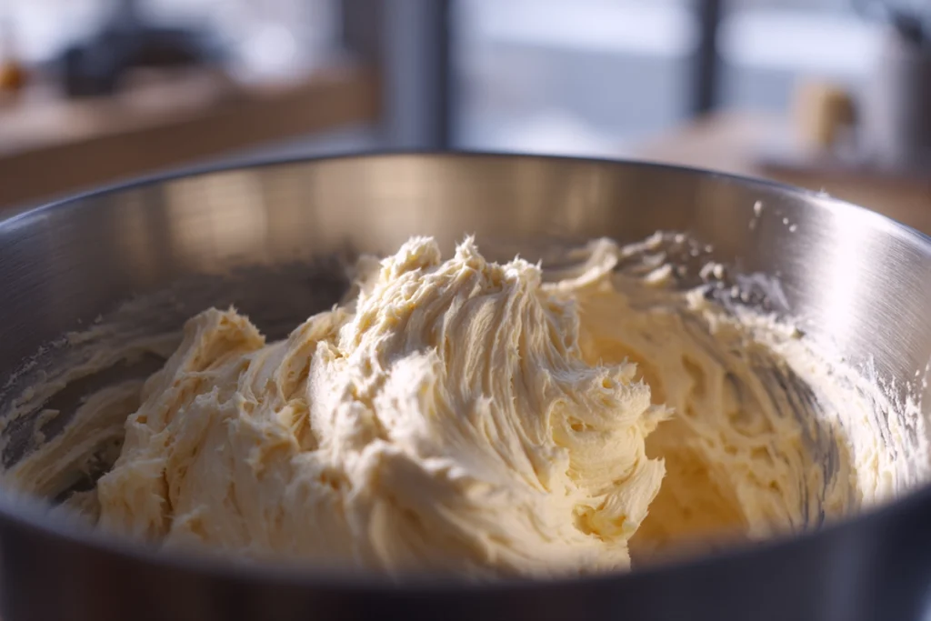 creaming butter and brown sugar for maple brown sugar cookies in mixer