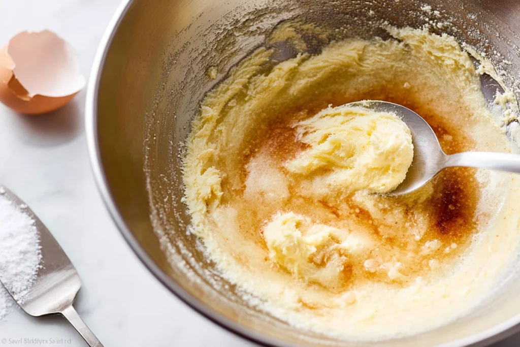 close-up process shot creaming butter and sugars for toffee cookies
