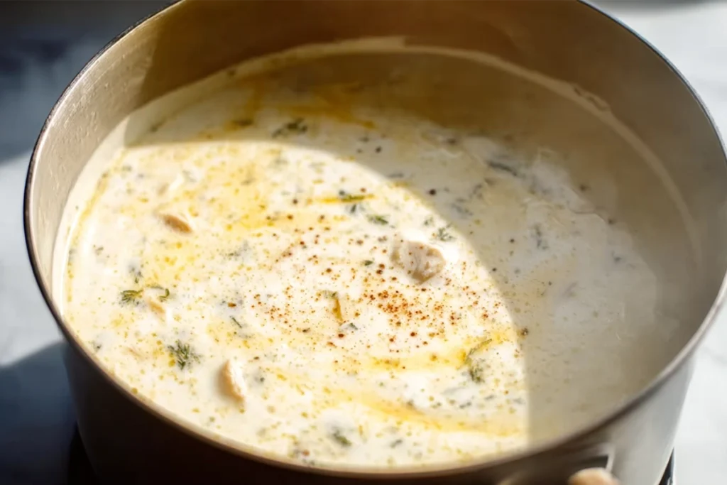 creamy broth step for creamy chicken rice soup photographed in modern kitchen