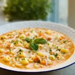 Creamy Chicken Parmesan Soup served in a modern kitchen with natural lighting