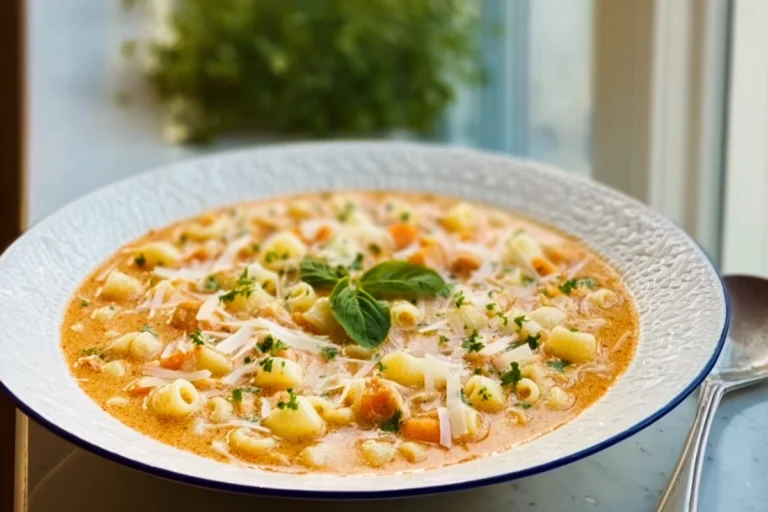 Creamy Chicken Parmesan Soup served in a modern kitchen with natural lighting
