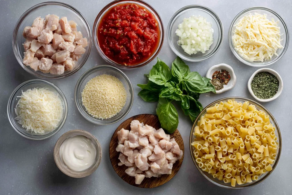 Ingredients for Creamy Chicken Parmesan Soup arranged in glass bowls on a modern kitchen counter