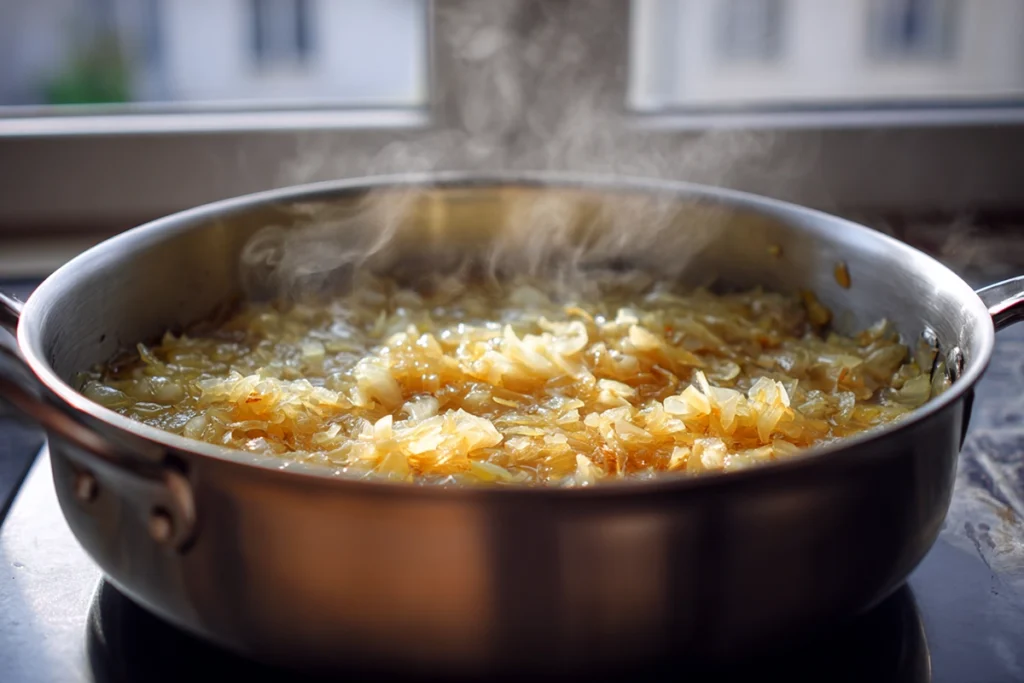 Aromatics sautéing for Creamy Chicken Parmesan Soup in a stainless-steel pot