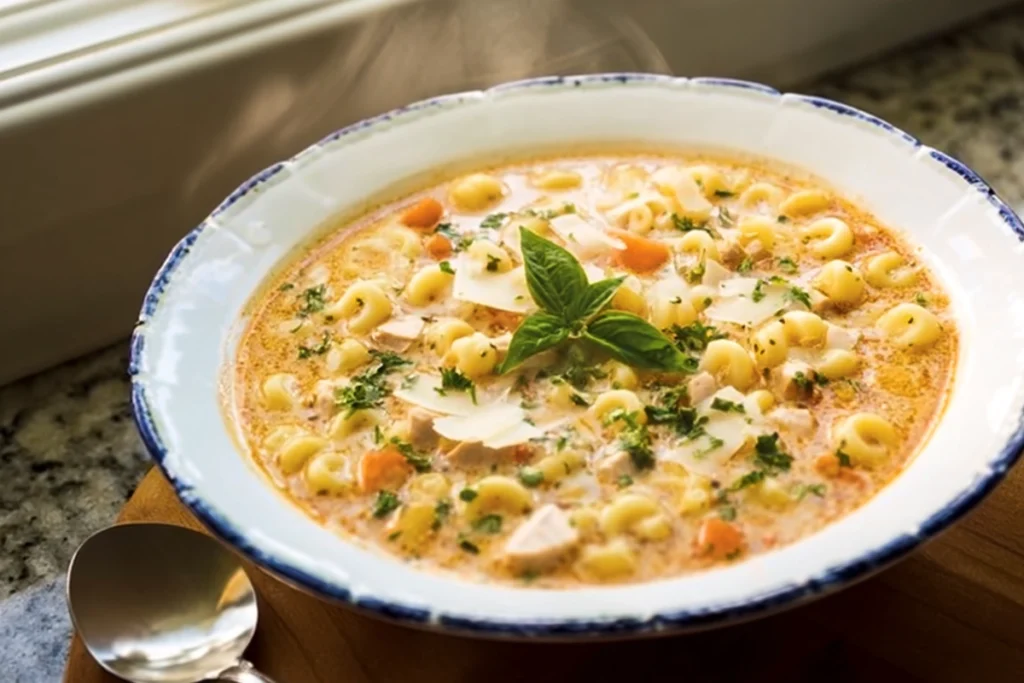 Final serving of Creamy Chicken Parmesan Soup with Parmesan and basil garnish