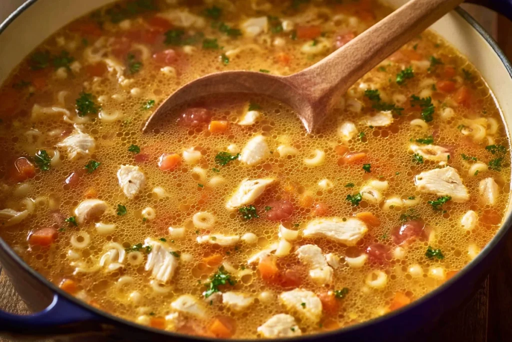 Simmering base of Creamy Chicken Parmesan Soup with tomatoes and chicken