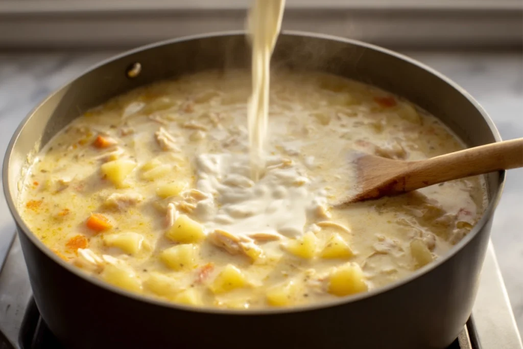 Adding cream to finish creamy chicken potato soup step