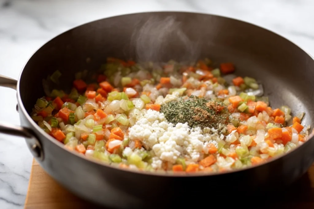 Cooking aromatics step for creamy chicken potato soup
