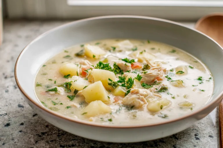 Finished creamy chicken potato soup hero shot in modern kitchen