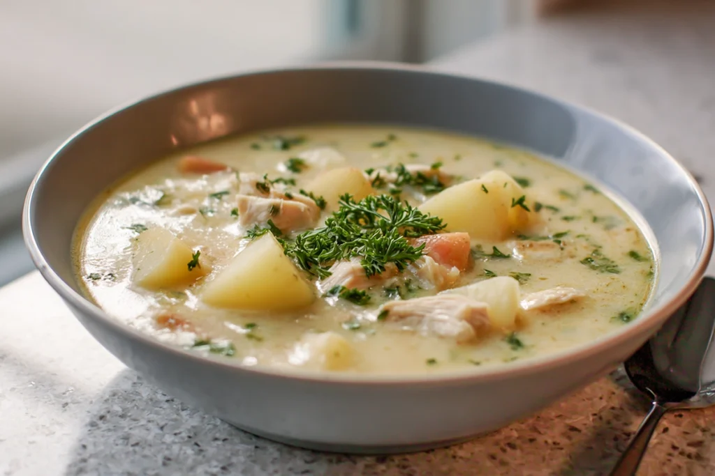 Serving bowl of creamy chicken potato soup in natural light
