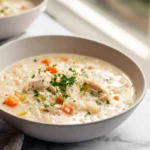 photorealistic creamy chicken rice soup hero shot in modern kitchen