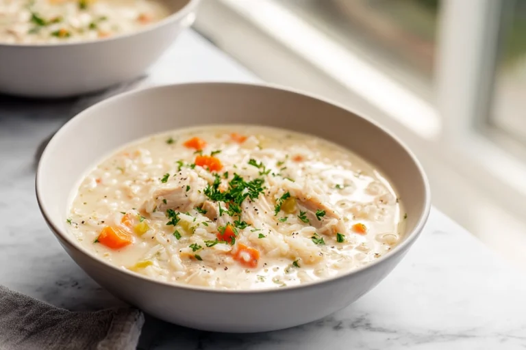photorealistic creamy chicken rice soup hero shot in modern kitchen