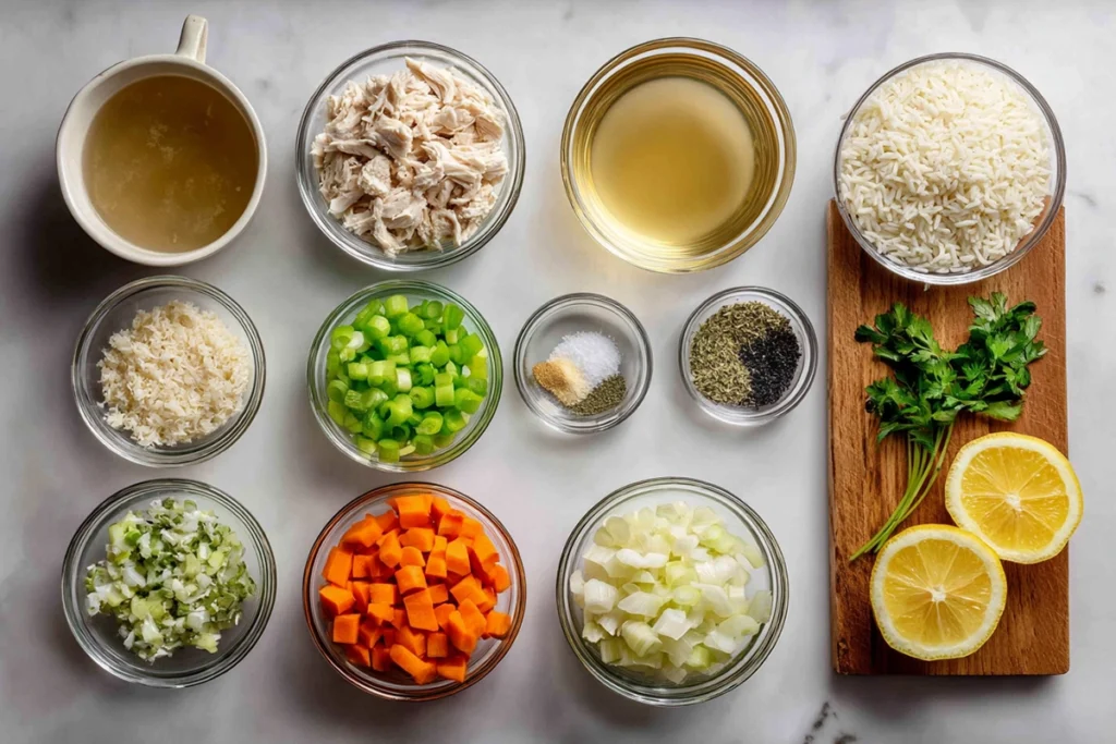 overhead ingredients layout for creamy chicken rice soup in bright modern kitchen