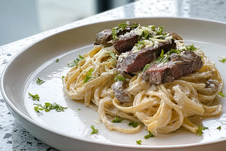 Creamy Garlic Butter Steak & Pasta served on a modern plate with rich sauce