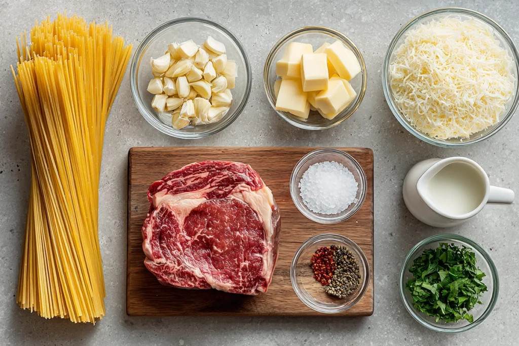 Ingredients for Creamy Garlic Butter Steak & Pasta arranged neatly overhead