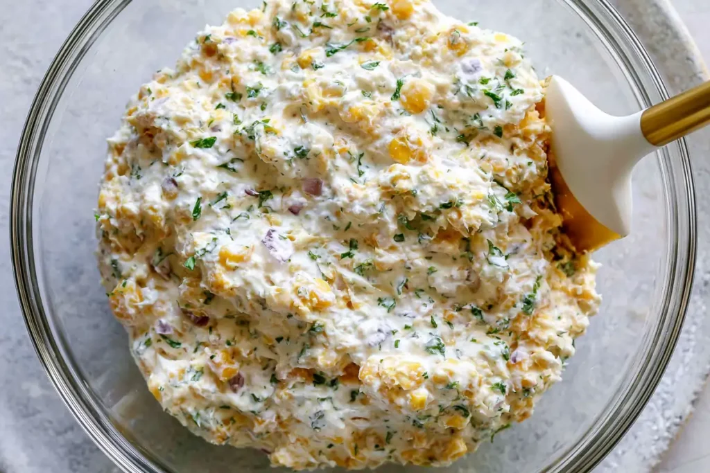 Creamy Mexican street corn dip mixture with corn sour cream and melted cream cheese