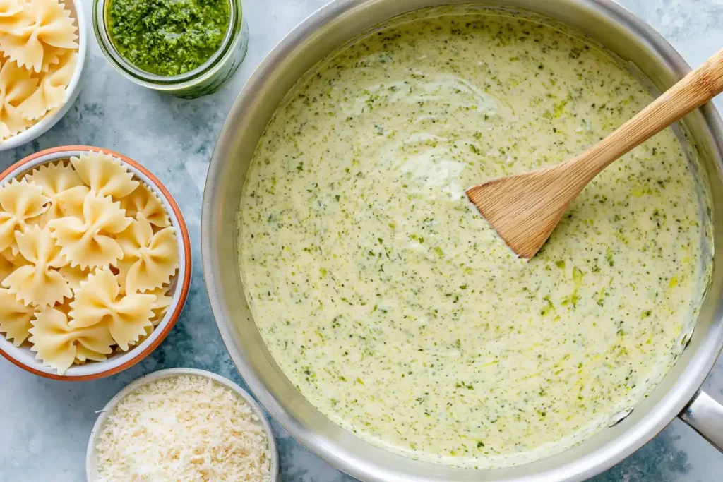 Chicken Pesto Pasta with a Creamy 30-Minute Sauce 7 Smooth creamy basil pesto sauce prepared for Chicken Pesto Pasta