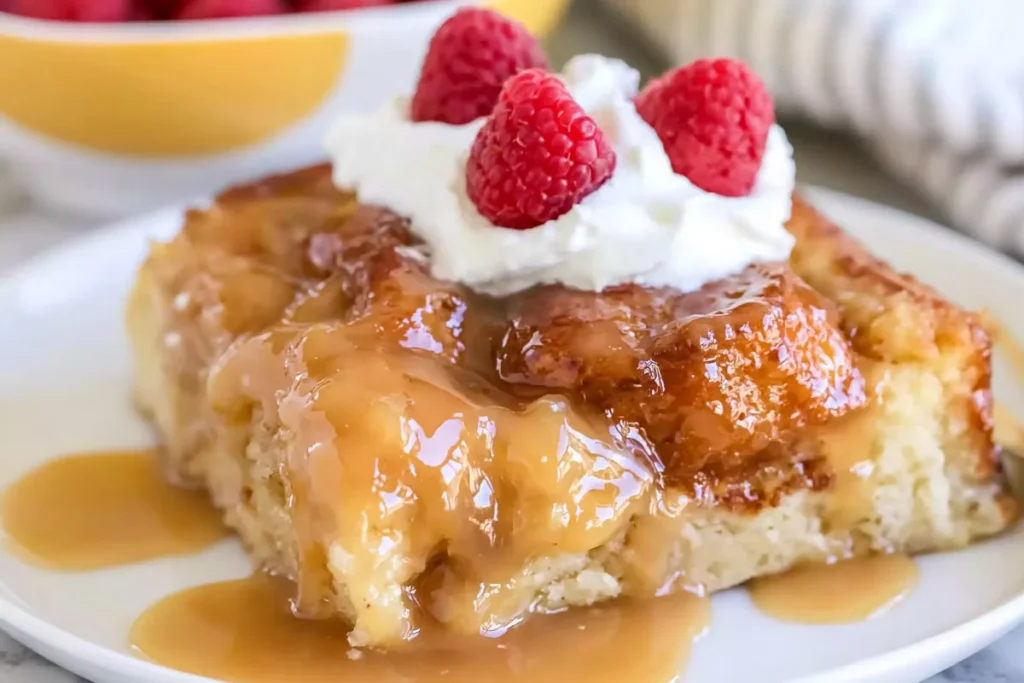 Overnight Crème Brûlée French Toast with whipped cream and fresh raspberries