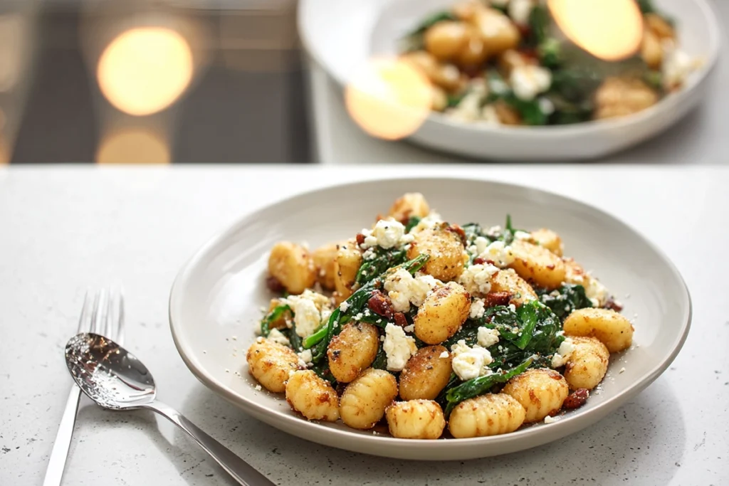 Serving bowl of crispy gnocchi with spinach and feta in a modern kitchen