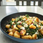 Main plated dish of crispy gnocchi with spinach and feta in a modern kitchen setting
