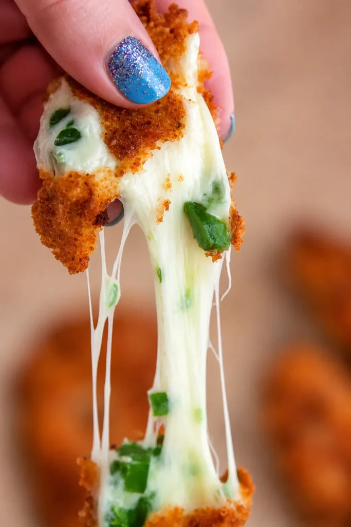 Crispy Rattlesnake Bites split open with melted pepper jack cheese and jalapeños