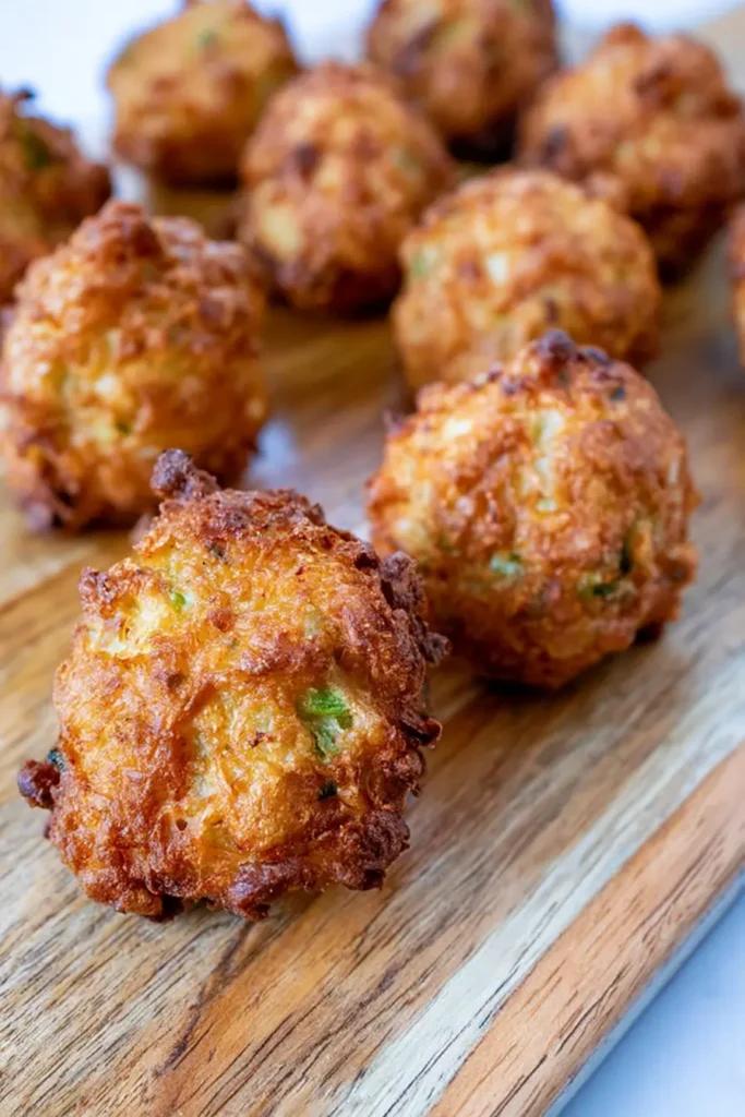 Crispy Rattlesnake Bites with golden breading on a wooden serving board