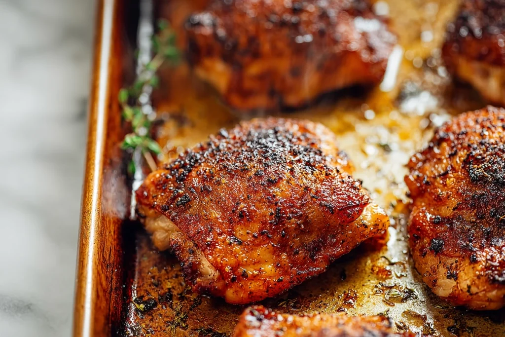 close-up of crispy skin on freshly baked oven baked chicken thighs