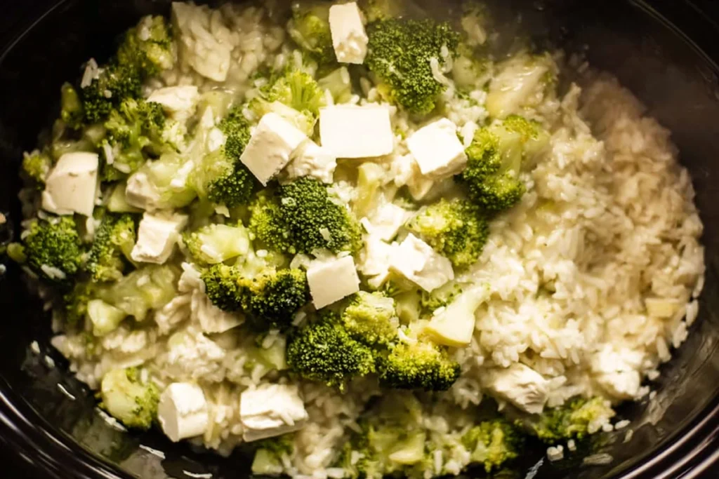 Adding broccoli and cheese to Crockpot Cheesy Chicken Broccoli Rice in a slow cooker
