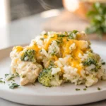 Crockpot Cheesy Chicken Broccoli Rice served creamy and hot on a modern plate