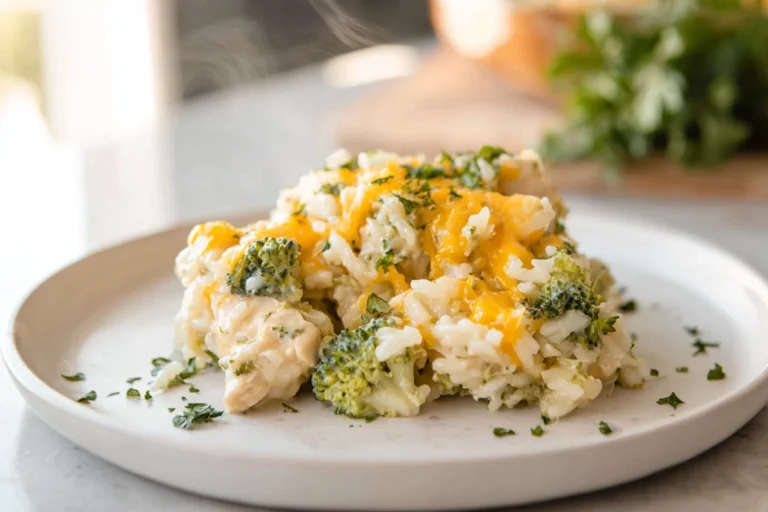 Crockpot Cheesy Chicken Broccoli Rice served creamy and hot on a modern plate