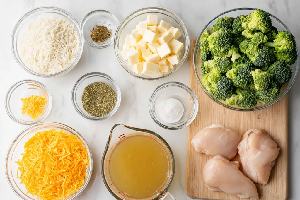 Ingredients for Crockpot Cheesy Chicken Broccoli Rice arranged neatly on a kitchen counter