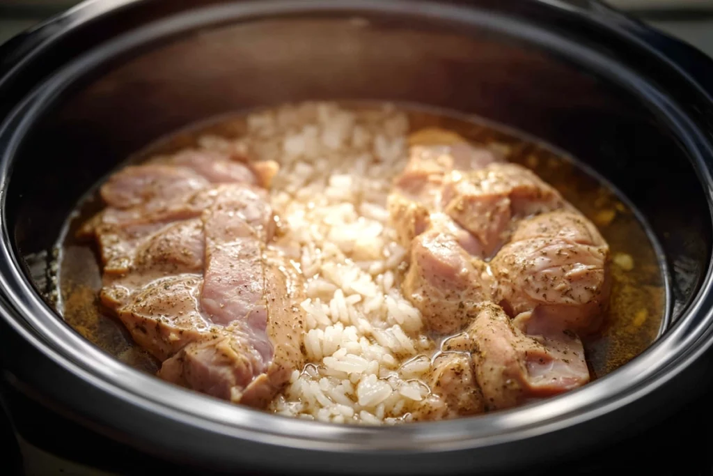 Layering chicken and rice in a crockpot for Crockpot Cheesy Chicken Broccoli Rice