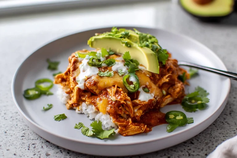 Crockpot Chicken Enchilada Casserole served hot with melted cheese and enchilada sauce
