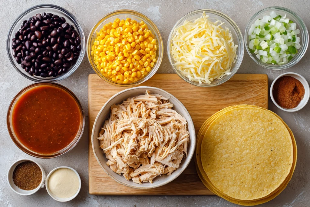 Ingredients for Crockpot Chicken Enchilada Casserole arranged neatly on a countertop