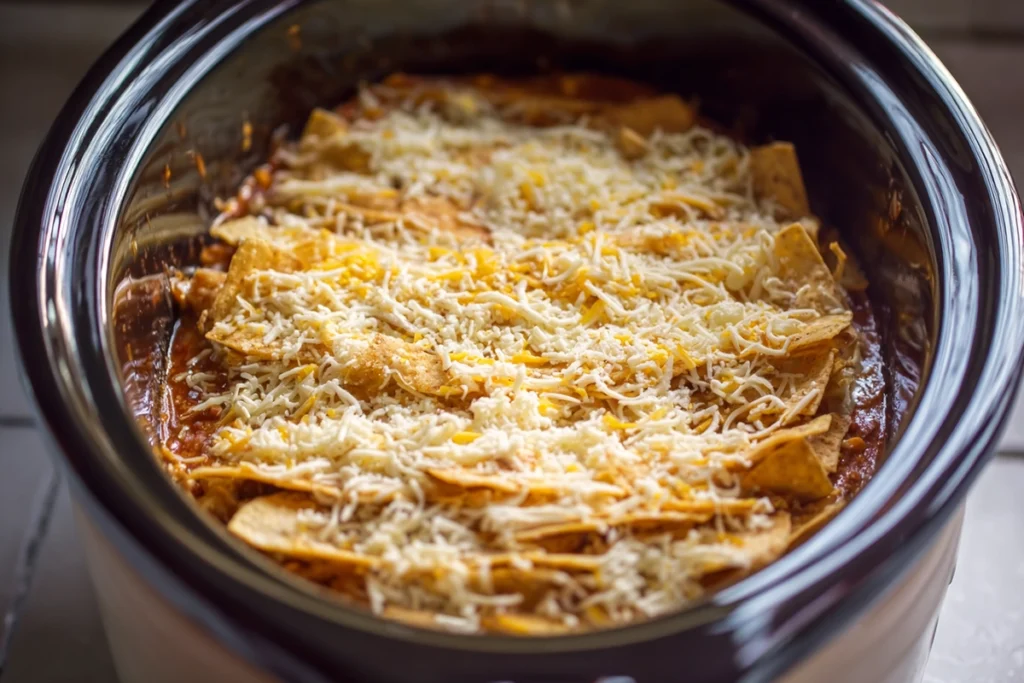Layering ingredients for Crockpot Chicken Enchilada Casserole in a slow cooker