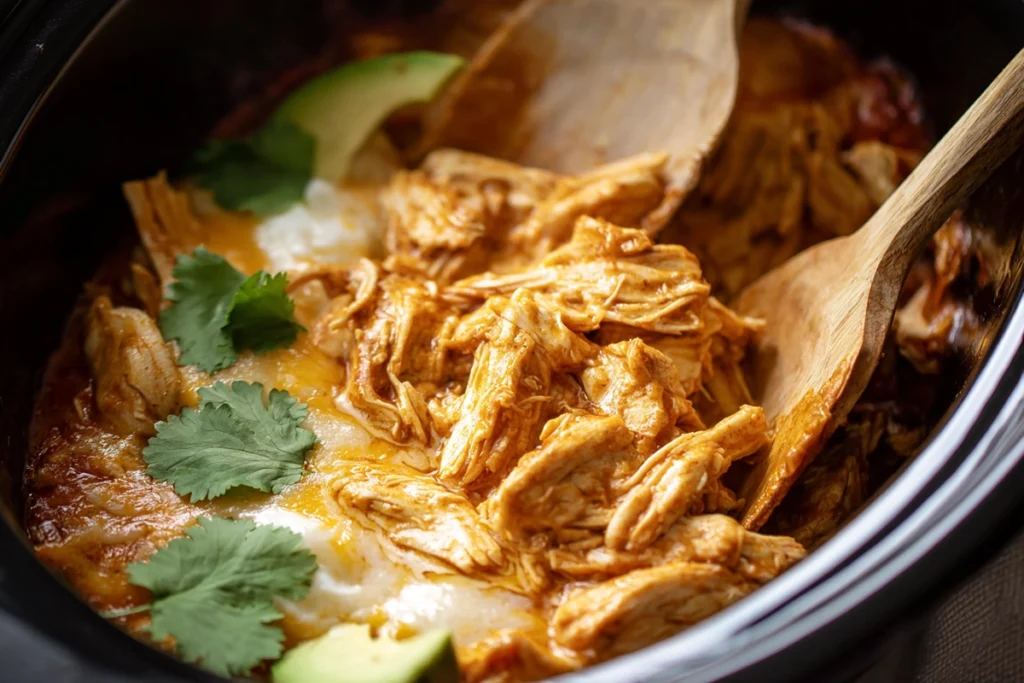 Shredding chicken inside Crockpot Chicken Enchilada Casserole after slow cooking