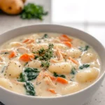 Hero shot of creamy Crockpot Chicken Gnocchi Soup served in a modern kitchen