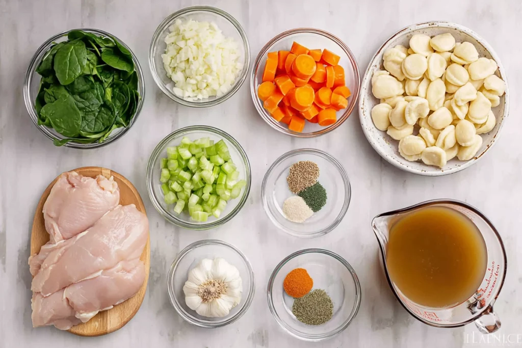 Overhead ingredients layout for Crockpot Chicken Gnocchi Soup in glass bowls