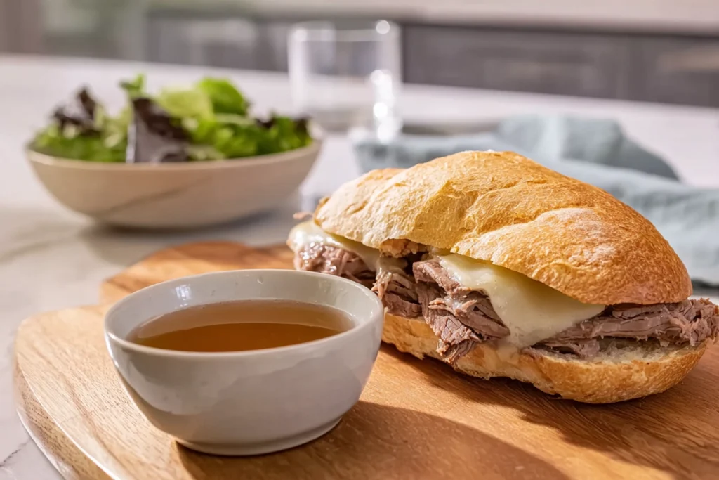 Assembling Crockpot French Dip Sandwiches with beef and cheese