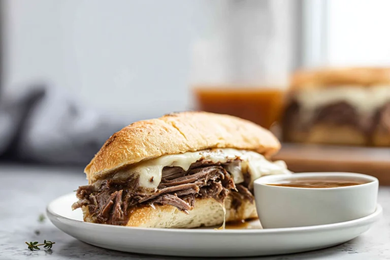 Crockpot French Dip Sandwiches served with melted provolone and au jus