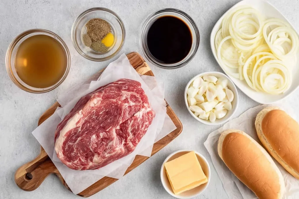 Ingredients for Crockpot French Dip Sandwiches arranged neatly