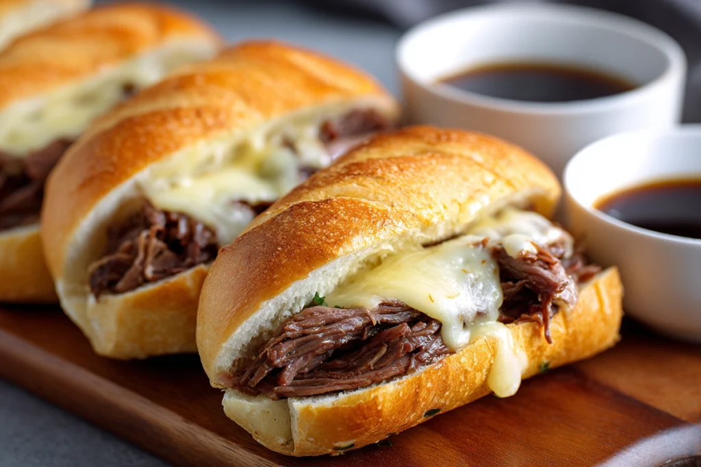 Crockpot French Dip Sandwiches ready to serve with au jus