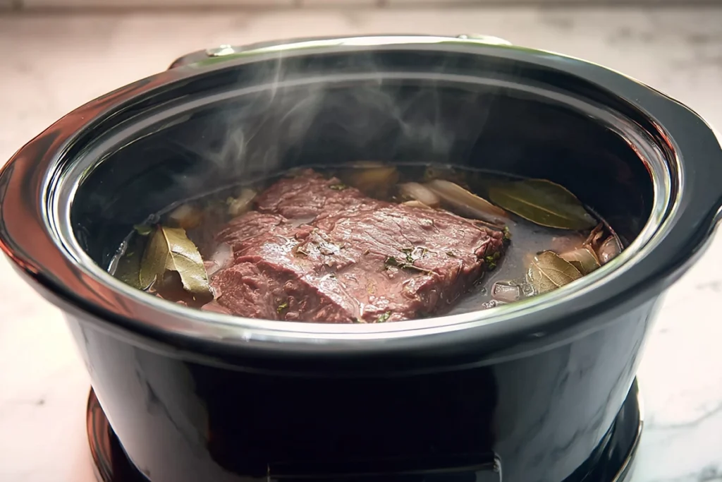 Beef slow cooking for Crockpot French Dip Sandwiches
